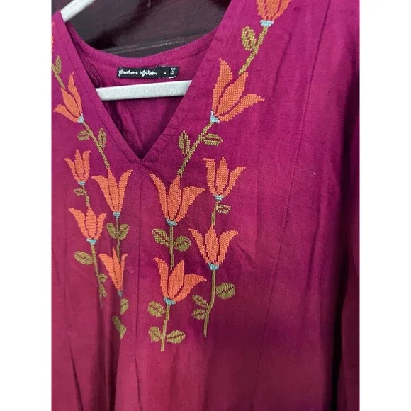 Gudrun Sjödén Women's Dress Linen Blend Floral Embroidery Burgundy Size Large